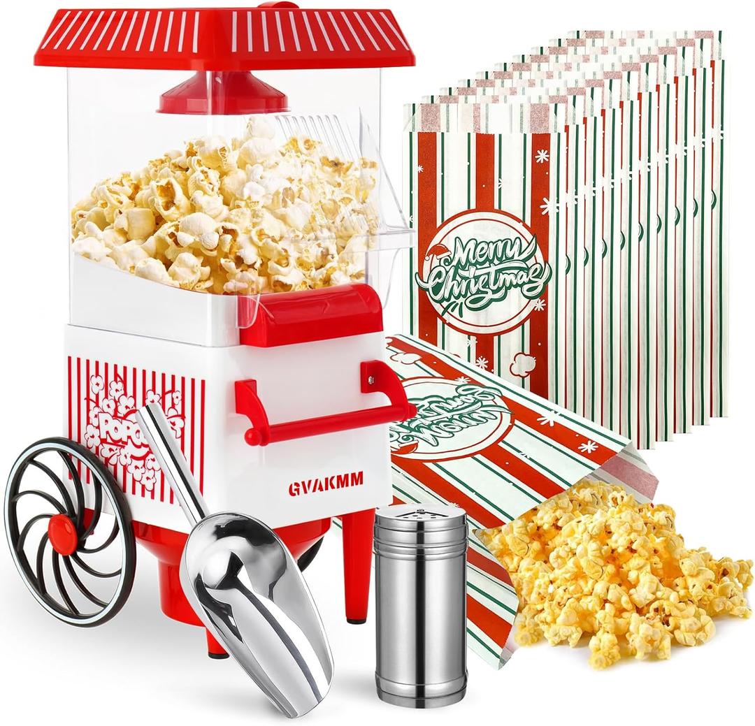 Popcorn Machine, Hot Air Popcorn Maker Kit Gift Box, Portable Home Popcorn Popper Machine, 10-Cup,Oil-Free,Retro Style, Compact and Cute (Red/White)