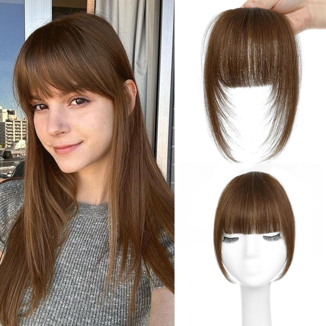 Clip In Bangs 100% Human Hair French Bangs Hair Light Brown with Temples Real Human Hair Fake Bangs Extensions For Natural Hair