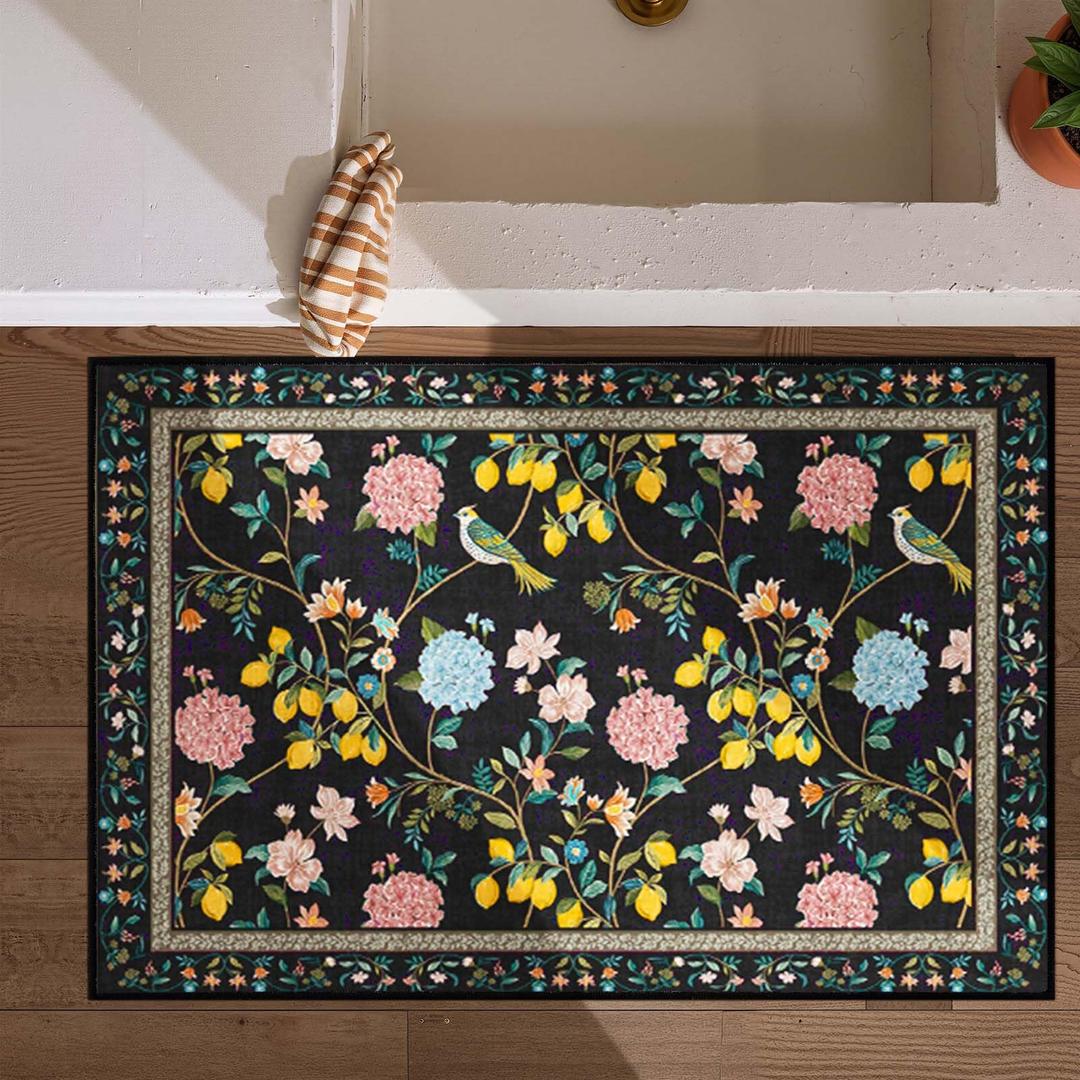 JINCHAN 8x10 Area Rug, Washable Floral Rug Non Slip Soft, Black