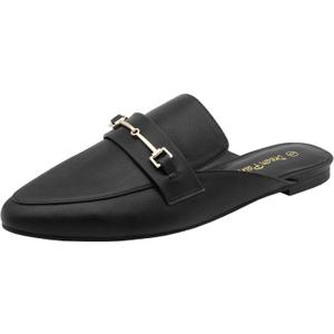 DREAM PAIRS Women's Flat Mules Buckle Pointed Toe Backless Slip on Slides Loafer Shoes (6, Black/Pu)