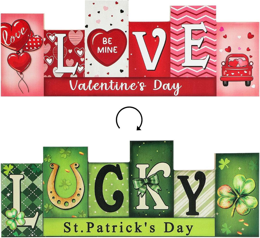 Valentines Day Decorations Indoor for Home Wooden Valentine Table Decorations Centerpieces Sign St.Patricks Day LUCKY LOVE Reversible Tabletop Decor Double-sided Irish Tiered Tray Decor Office Desk