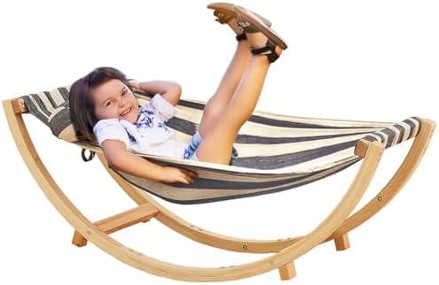FUNLIO Wooden Rocking Chair for Kids 3-5 Years, Premium Solid Wood Kids Hammock Chair Stand, Wider & Longer Hammock Cloth with Stable Structure, 110lbs Capacity, CPC Certified