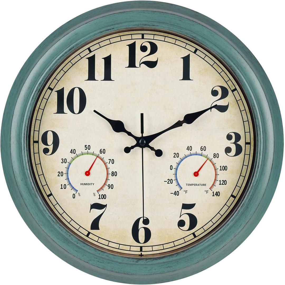 zyzamay 13 Inch Outdoor Clock with Thermometer and Hygrometer, Waterproof and Silent, Large Easy-to-Read Numbers, Ideal for Bedroom, Office, Living Room, Porch, Garden, Pool (Green)