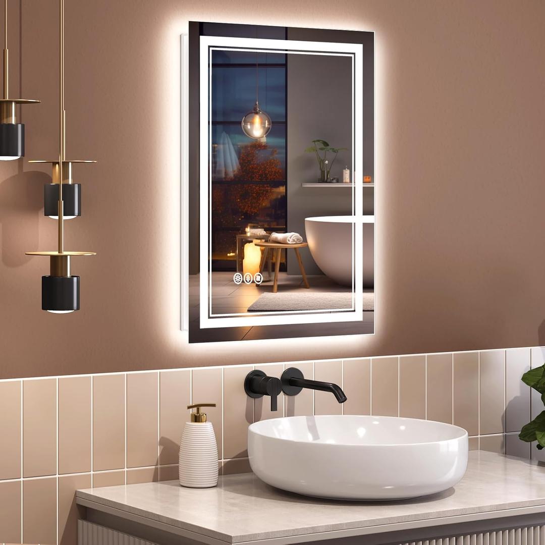 26x32 Inch Bathroom Mirror with Lights, CRI 90+, 3 Colors, Dimmable, Front and Backlit, Top Tempered Glass with Acrylic Side, Anti-Fog, Rotatable LED Mirror for Bathroom, Memory Function