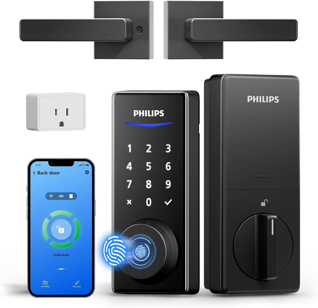 Philips WiFi Smart Lock with Handle, Fingerprint Keyless Entry Door Lock with WiFi Bridge, Smart Locks for Front Door with Handle Set, APP Remote Control, Voice Control, Auto-Lock, Matte Black