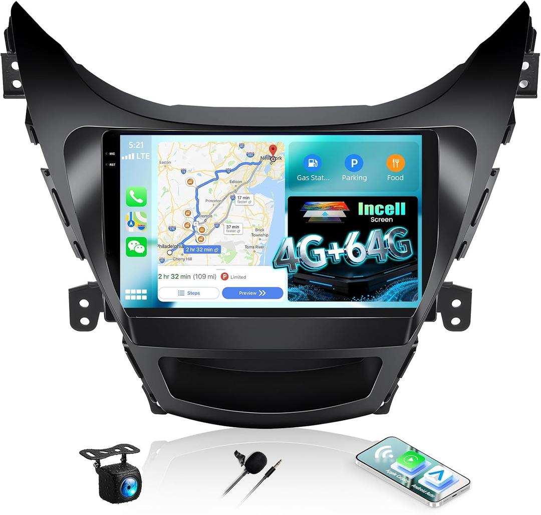 4G+64G Car Radio for Hyundai Elantra 2011 2012 2013 Android 13 Replacement Upgrade Stereo with CarPlay Android Auto 9 Inch Touch Screen Head Unit with Backup Camera Mic
