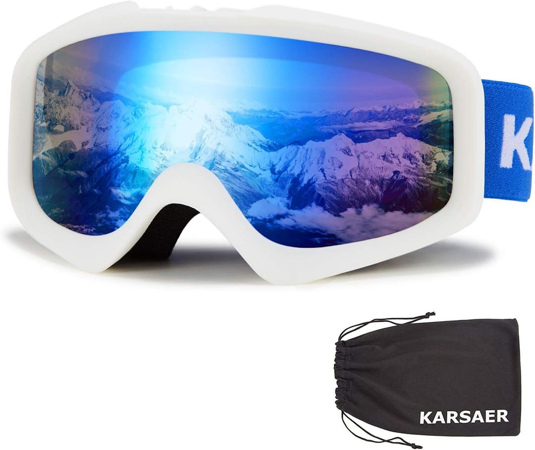 Karsaer Ski Goggles Anti-Fog Snow Goggles OTG 100% UV Protection Snowboard Goggles Bendable Dual-Lenses for Men Women Youth (Matte White Frame Blue Mirrored Lens Vlt 10%)