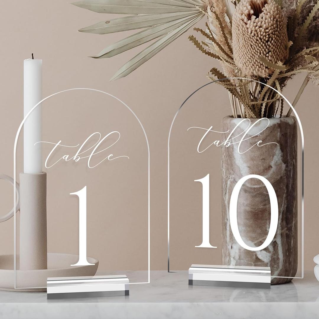 Clear Arch Table Numbers for Wedding, 5x7 Inch Arched Acrylic Table Numbers 1-10 with Stands, Clear Acrylic Arch Sign with Holder for Centerpiece, Reception, Wedding, Party, Event