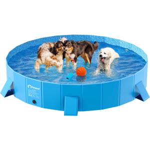 Peteast Foldable Dog Kiddie Pool with Stable Side Support, Hard Plastic Shell Portable Dog Pool, Collapsible Swimming Pools for Pet and Kids, 87 in