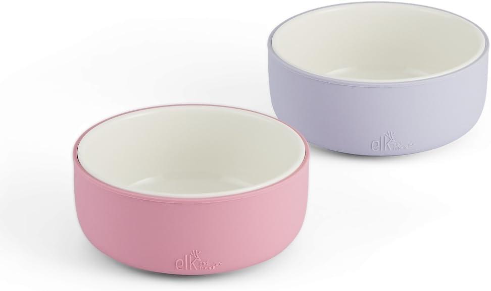 Elk and Friends Kids Porcelain Bowls with Silicone Sleeve | Kids/Toddler/Baby Feeding | Microwave & Dishwasher Safe | Non slip | Cereal/Soup/Snack Dishes & Dinnerware (Blush/Lilac)