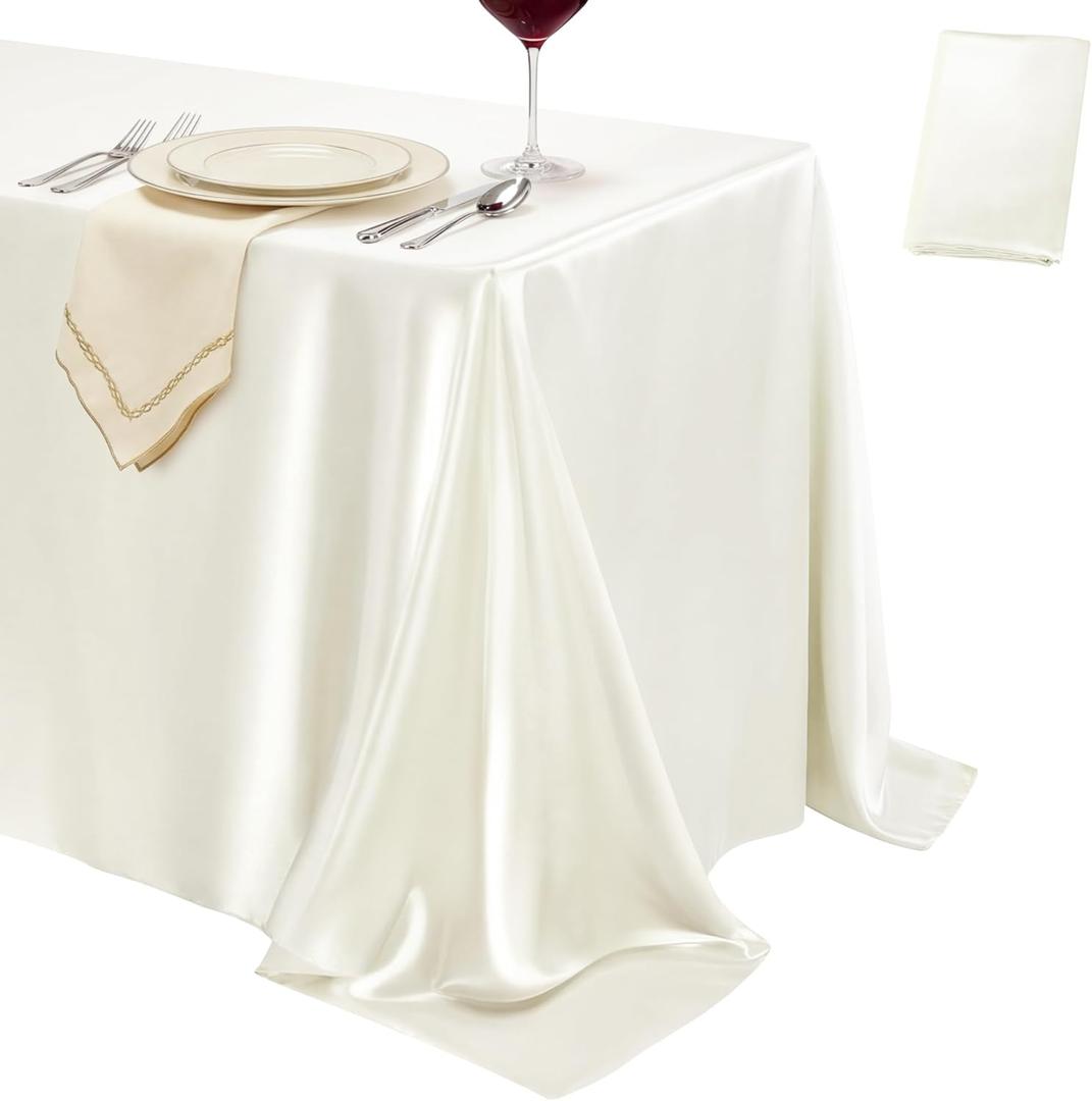 1 Pack Ivory Satin Tablecloth 58 x 102 Inches, Rectangular Satin Table Cloths for Wedding Reception, Birthday Party, Graduation & Holiday Banquet Tables