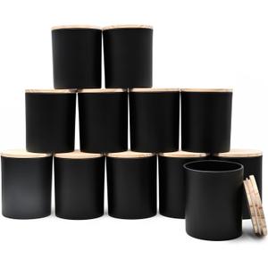 14 OZ Thick Candle Jars for Making Candles 12 Pcs, 3 Wick Empty Jars with Wood Lids for Candle Making, Sample Container,Matte Black