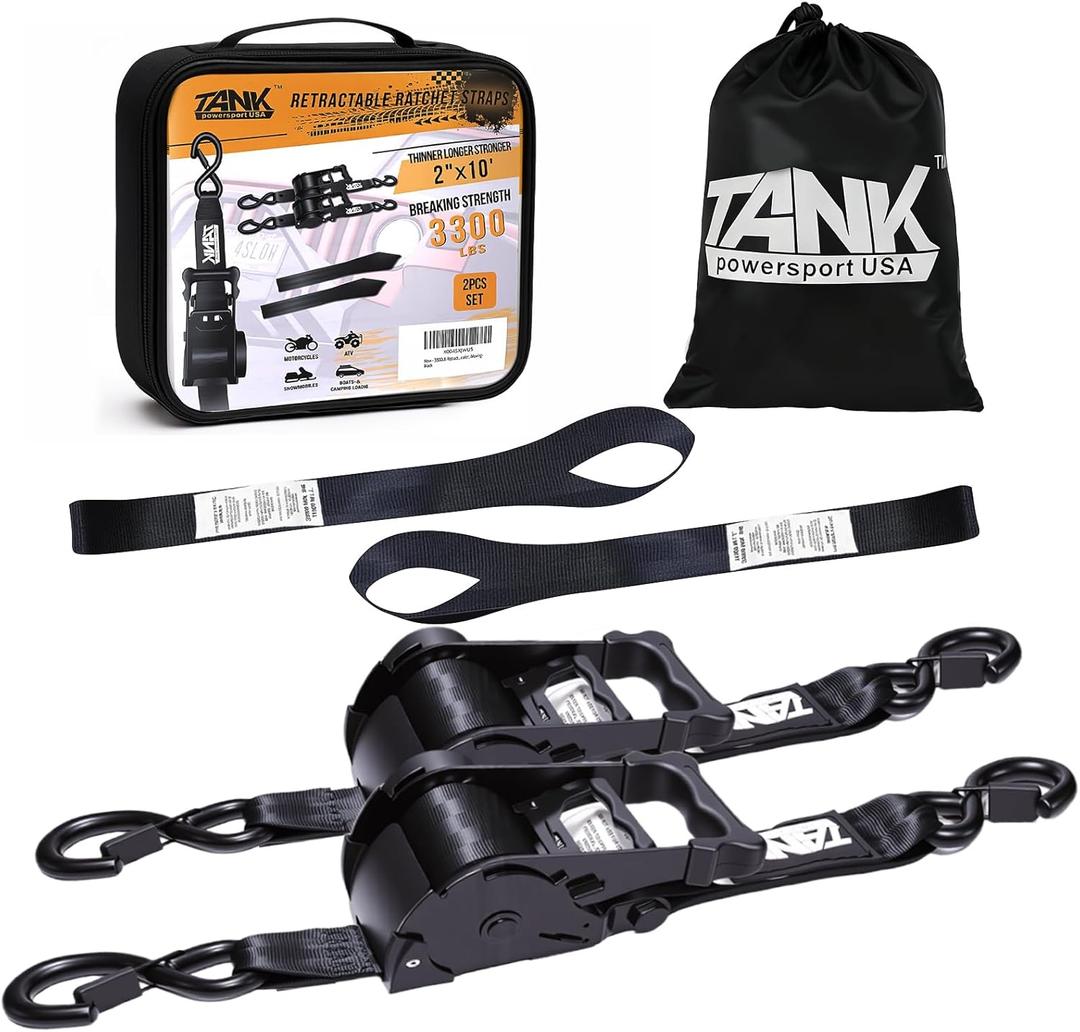 3300LB Retractable Ratchet Straps(2 Pack), 2" x 10FT Tie Down Straps Ratchet with Safety S Hooks, Strap for Trucks, Motorcycle, Cargo, Trailer, Moving-Black