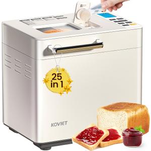 25-in-1 Bread Maker Machine with Automatic Dual Dispenser, 2LB Stainless Steel Breadmaker with Gluten-Free, Dough, Jam, Yogurt etc Settings, Beige (Beige)