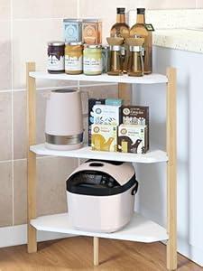 Wisuce Kitchen Counter Shelf Organizer - 3 Tier Spice Rack Free-Standing Bamboo Corner Shelf Countertop Organization (Nature-White)