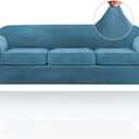 PrinceDeco Velvet XL Couch Cover for Oversized Sofa 4 Piece Sofa Covers for 3 Cushion Couch Washable Furniture Protector with Non Slip Elastic Bottom Width Up to 97 Inch(X-Large, Blue)