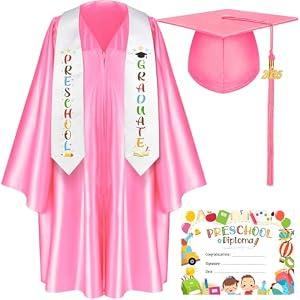 Sureio 6 Pcs Kindergarten Preschool Graduation Cap and Gown with 2025 Tassel Graduation Stole Certificate for Toddler Kids(Medium, Pink)