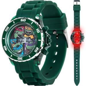 Nickelodeon Teenage Mutant Ninja Turtles Kids' LCD Watch – Flashing Light-Up Display, Bumpy Rubber Strap, Green Bezel, Digital Time Display, Adjustable Fit – Fits Wrists 5.5" to 8"