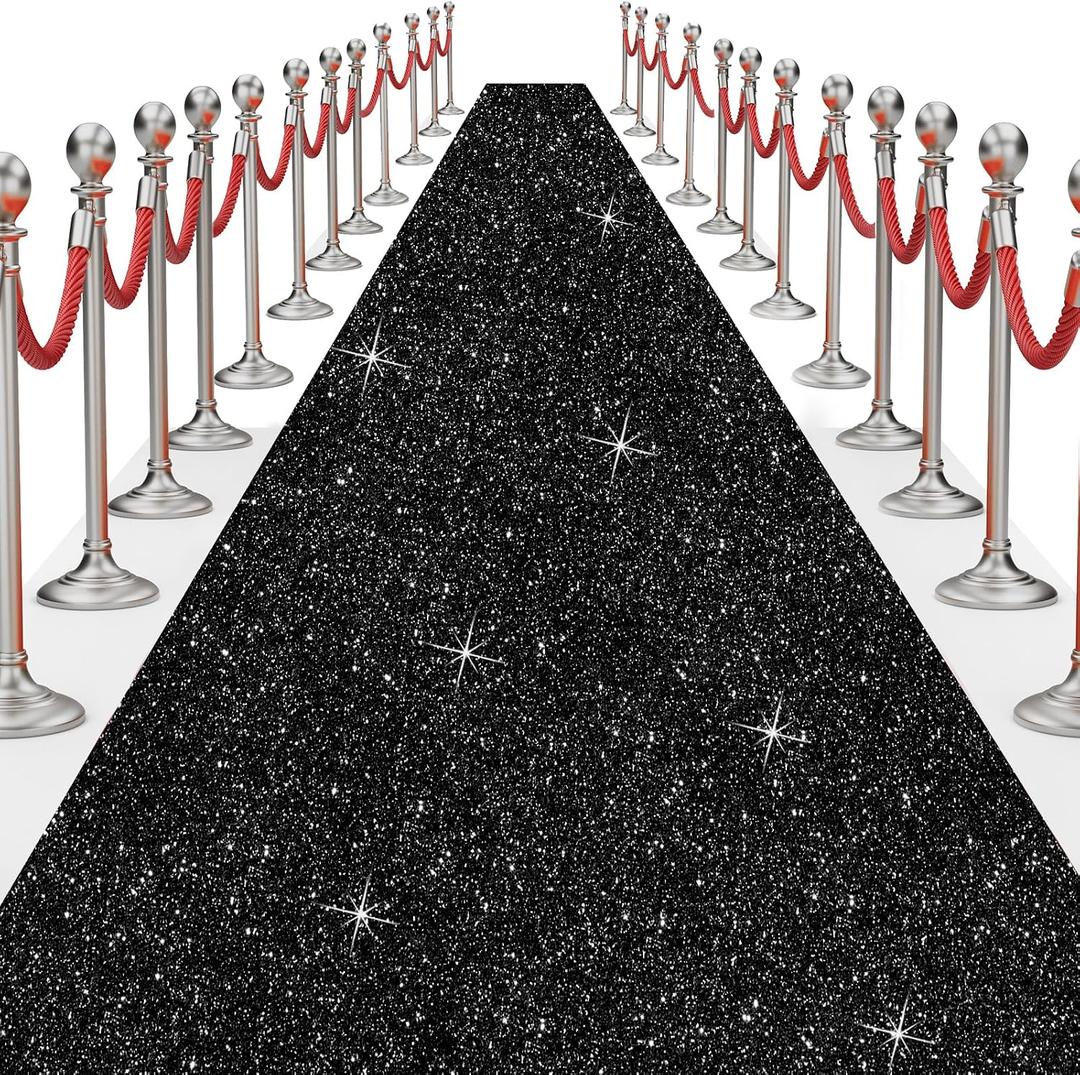 Glitter Carpet Runner for Party 2.6 X 30 ft Glitter Non-Woven Fabric, Carpet Rug for Event, Aisle Runway Runner for Wedding Ceremony, Movie Theme Party Decorations (Glitter Black, 2.6FTx30FT)