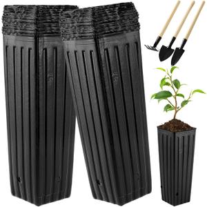 50 Pcs 12" Tall Tree Pots Plastic Deep Nursery Pots Tall Nursery Tree Pots Plant Deep Seedling Pots, Flower Plant Container Pots with 3 Pcs Garden Tools for Indoor Outdoor Use