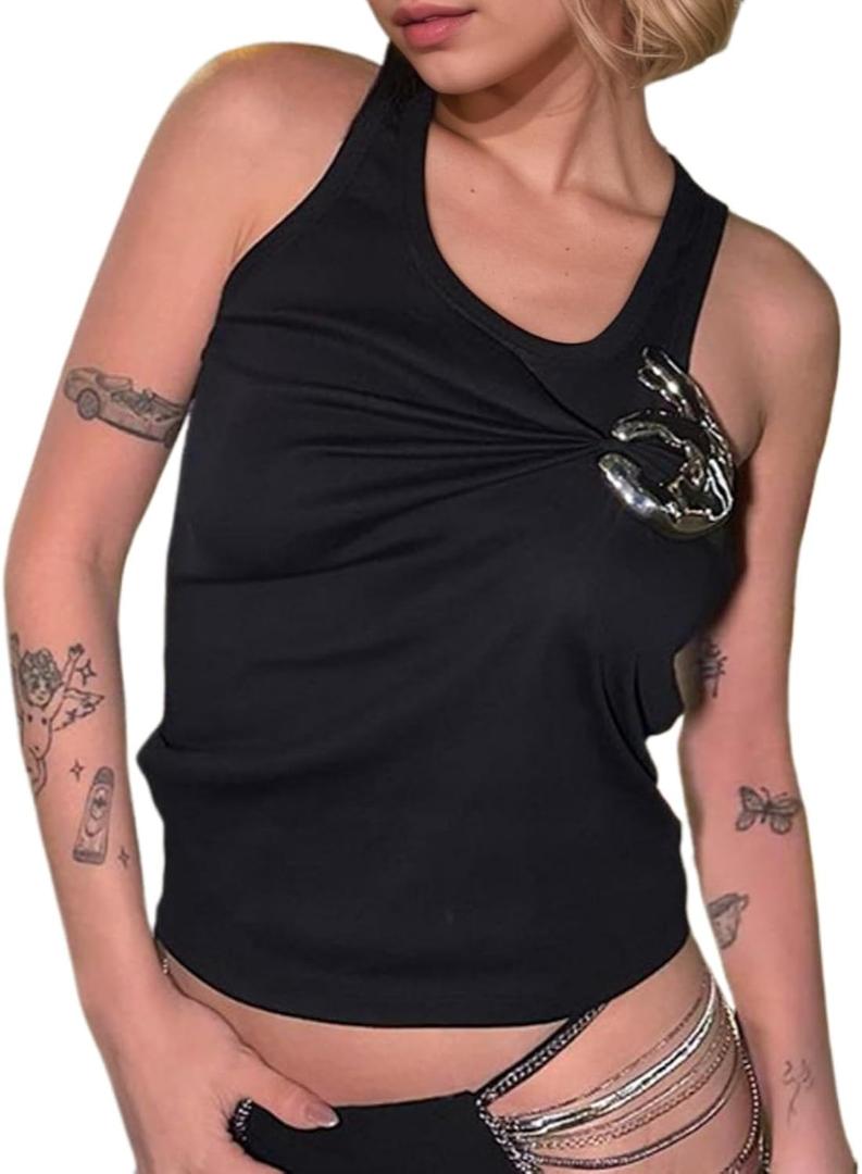 Solid Color Tank Tops - Y2K Strap Tank Top with Metallic Accessory Trendy Casual Streetwear Fashion Hotsweet (Black, M)