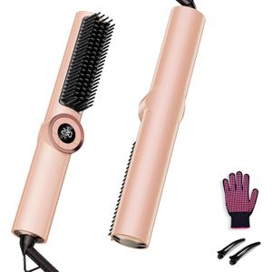Hair Straightener Brush: Ionic Hair Straighteners for Women with 15 Temps, Straightening Brush Fast Heating with LED Display & Dual Voltage, Gold