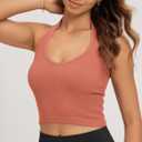 ODODOS Seamless Halter Crop Tops for Women Ribbed Soft V Neck Open Back Cropped Tank Top, 1-Pack, Coral, Medium-Large