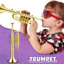 Lewtemi Gold Trumpet Musical Instruments Toy for Kid Toddler Fake Plastic Preschool Music Toy Gift Non-Professional Wind Instrument Early Educational Teaching Songs Gifts for Toddlers Children