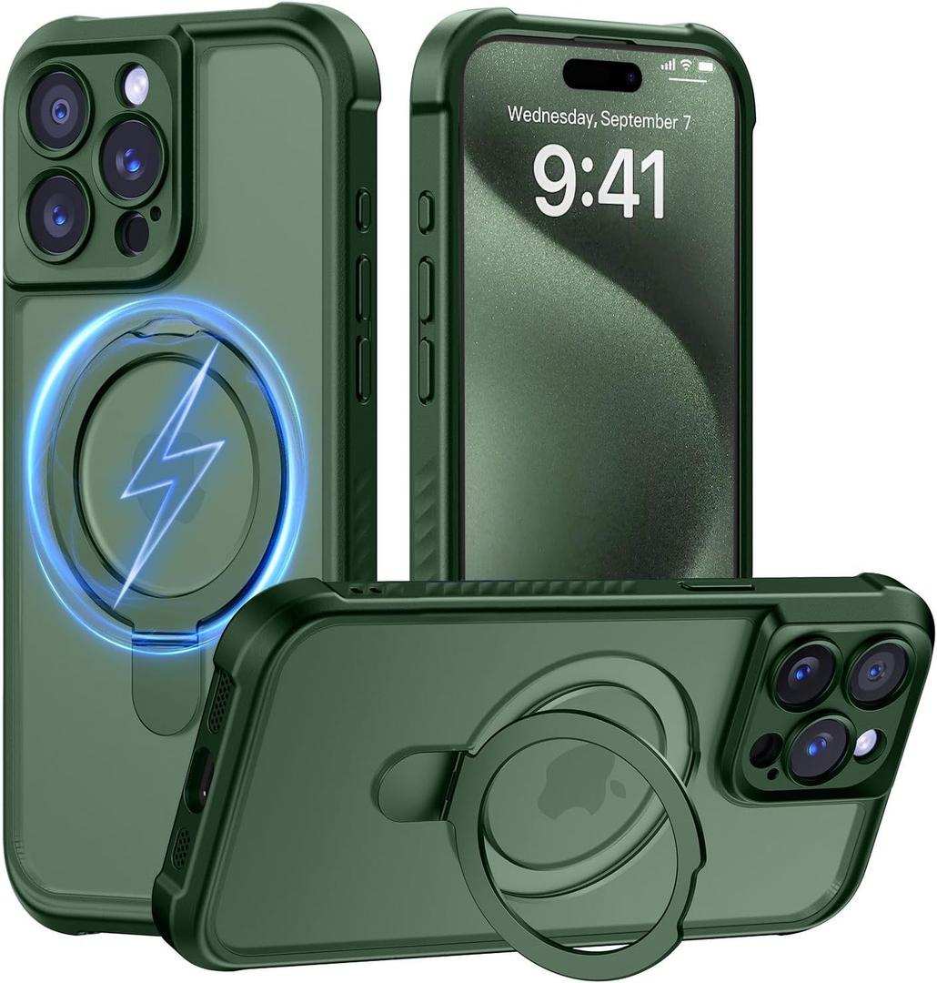 MOCCA Design for iPhone 15 Pro Case with Magnetic Invisible Stand [Full Camera Protection] [Compatible with Magsafe] Military Drop Shockproof Translucent Matte Phone Case Cover 6.1",Dark Green