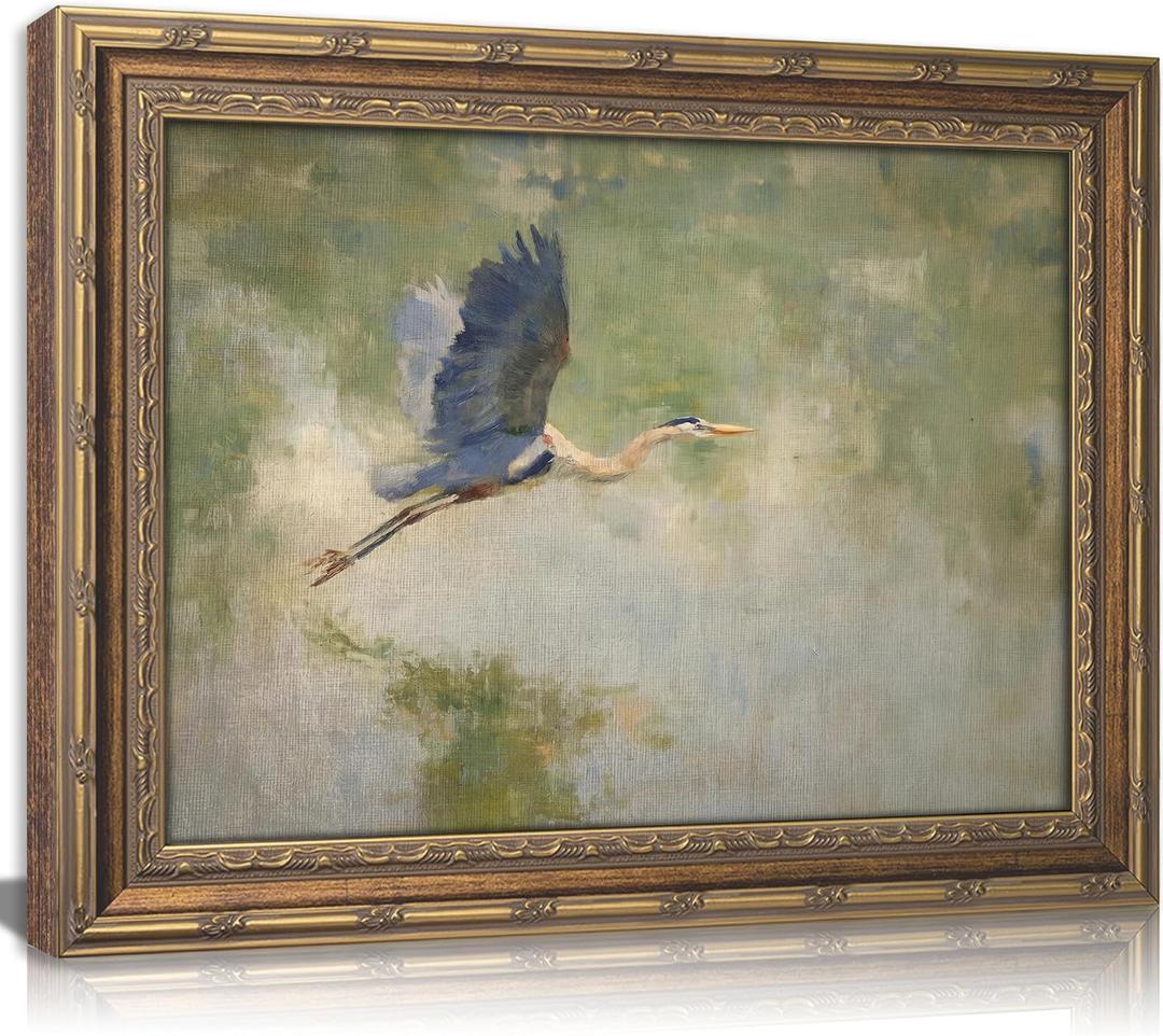 Vintage Gold Framed Heron Wall Art, Retro Impressionist Wetland Coastal Bird Oil Painting Canvas Print, Antique Blue Heron Wall Decor, Rustic Nature Cottagecore Poster Artwork for Bedroom Living Room, 24"L x 16"W