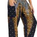 LOFBAZ Harem Yoga Pants for Women Hippie Boho PJs Lounge Beach Print Plus (Medium, Peacock 1 Black)