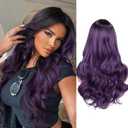 WIGER Purple Wavy Wigs, 26 Inch Long Ombre Dark Purple, Heat Resistant Synthetic Hair Wig for Women, Middle Part, Cosplay & Party