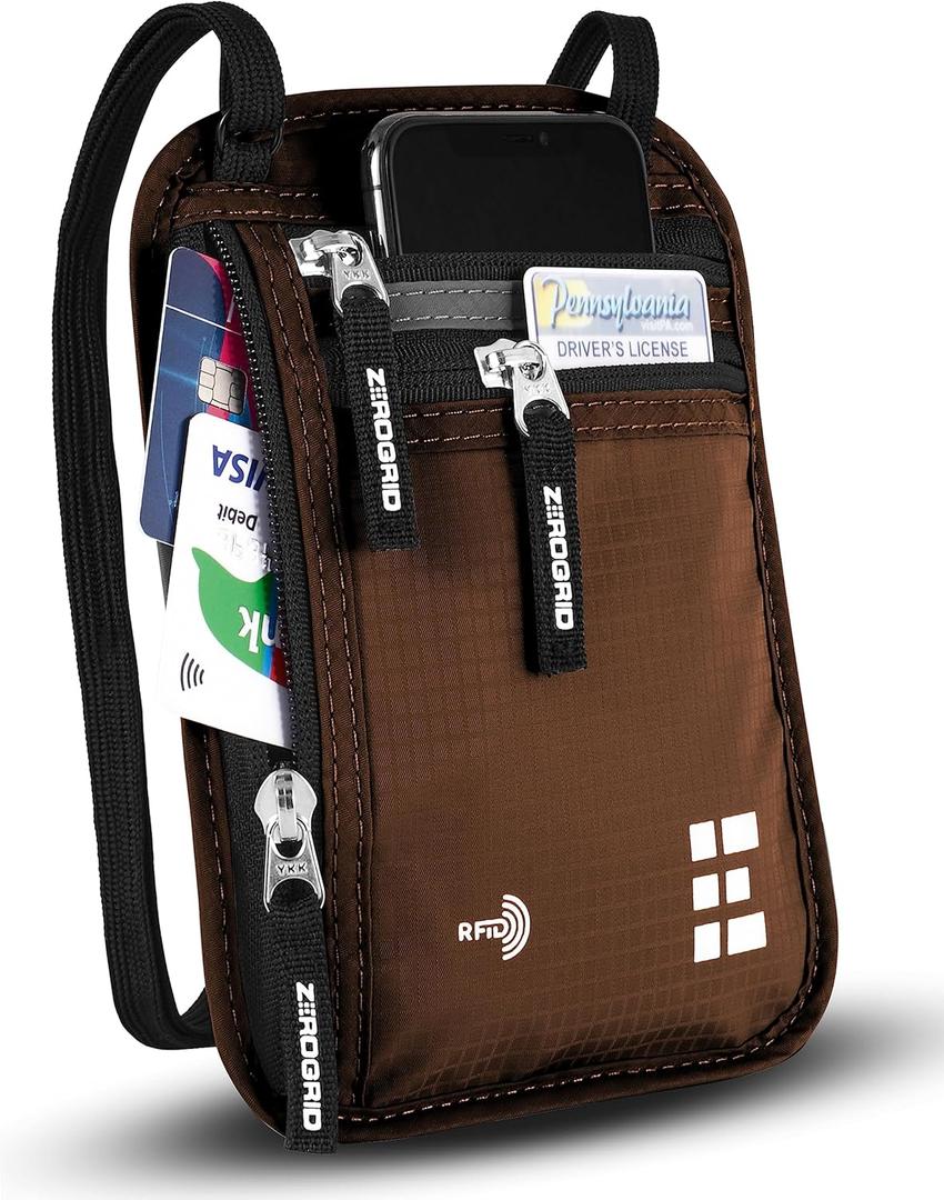Neck Wallet for Travel & Passport Holder with RFID Blocking - Slim & Easy to Conceal Nylon Travel Pouch for men & women - Holds Phone, Cash, Cards, Keys - Sweat & Water Resistant - Large - Brown (Solo/Couple)