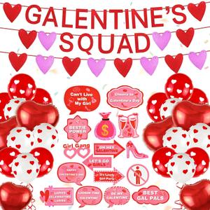Galentine's Day Decorations Kit Red Glittery Galentines Squad Banner Garland Heart Shaped Balloons Photo Booth Props for Ladies Party Decor