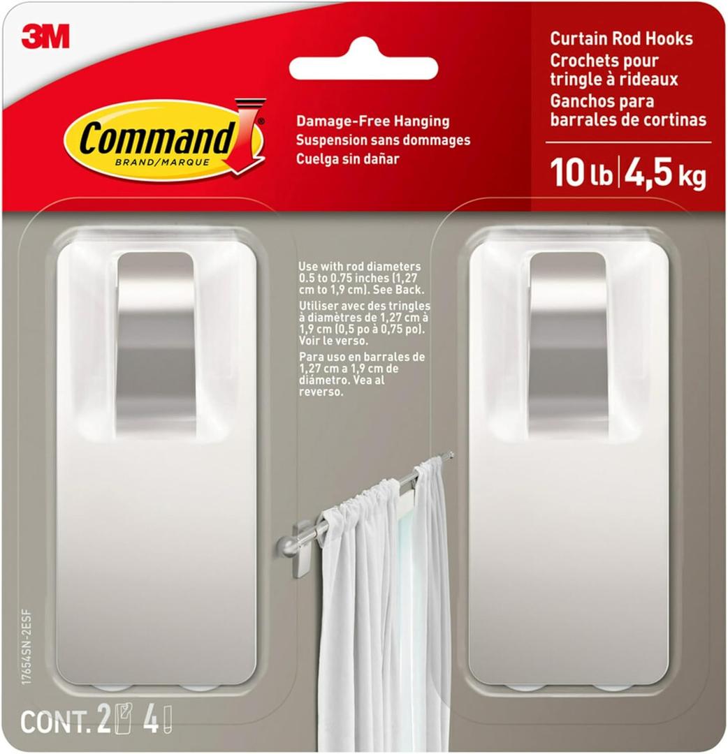Command 10 lb Satin Nickel Curtain Rod Hooks, 2 Hooks and 4 Strips, No Drilling Christmas Decorations, Use with Rod Diameters 0.5-0.75"