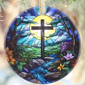 Cross Christmas Ornament, 3.5 Inch Ceramic Religious Ornament, Christmas Tree Ornaments, Christian Gifts, Religious Gifts, Gifts for Christmas, Perfect for Holiday Party, Tree, Window (Cross and River)