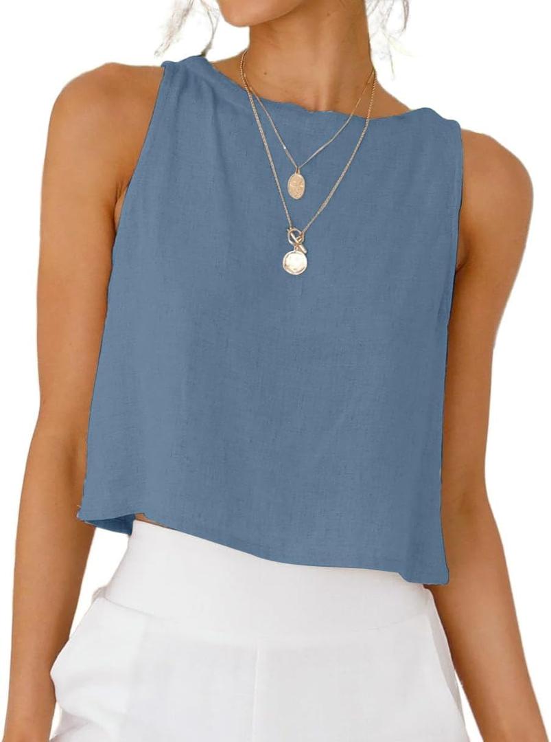IDEALSANXUN Women's Linen Crop Tank Tops Cute Summer Sleeveless Cropped Linen Tops (Grey Blue)XS