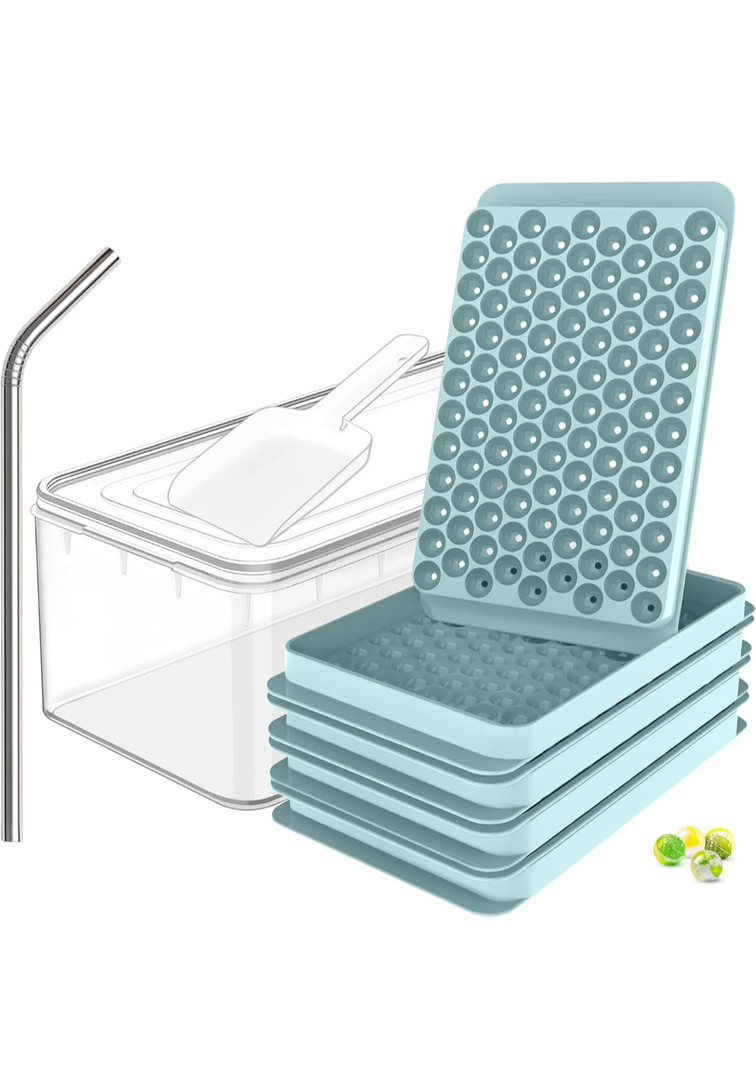 CKE Mini Ice Cube Trays for Freezer (4 Pack), 0.55" Round Ice Mold Trays Carry 104x4 pcs Tiny Pebble Cubes, Mini Crushed Ice Cube Trays with Bin, SS Straw & Ice Scoop, for Cocktails, Drinks, Whisky