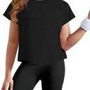 ZDC Girls Athletic Yoga Shirts Summer Short Sleeve Quick Dry Crop Tops Basic Gym Tees 5-14 Years (Black)