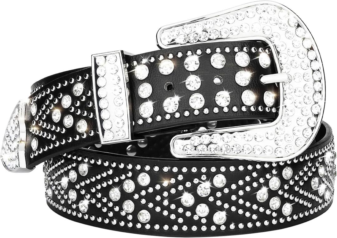 Women Rhinestone Belt, Bling y2k Western Cowgirl Men Cowboy Faux Leather Studded Belts for Jeans Pants (Black)
