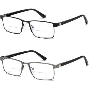 LKEYE Bifocal Reading Glasses Men Blue Light Computer Readers Clear Top Designer Metal Frame Fashion Spring Hinge Eyeglasses (2 Bifocals (Black+gun))
