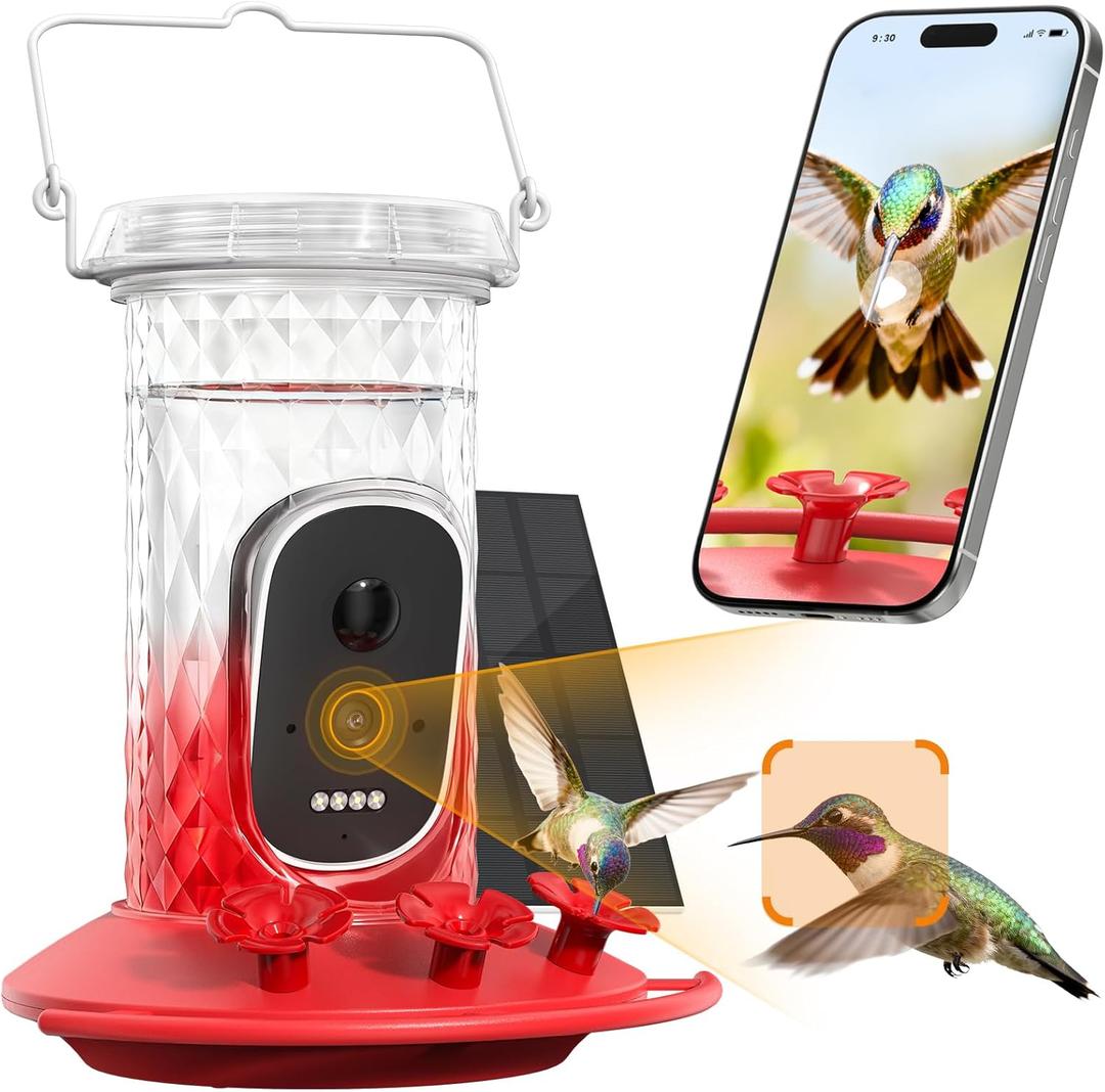 Smart Hummingbird Feeder Camera with AI Identification, 2.5K HD & Color Night Vision, Solar Powered Outdoor, IP66 Weatherproof Garden Decor