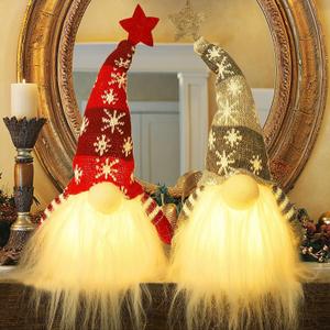 Juegoal 15" Lighted Christmas Gnome, Handmade Plush Scandinavian Swedish Tomte, Light Up Elf Toy Holiday Present, Battery Operated Winter Tabletop Christmas Decorations, 2 Set