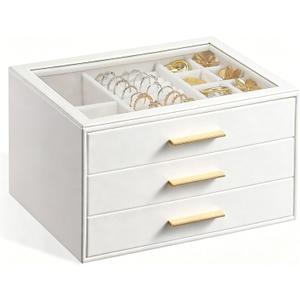 GUOER Jewelry Box for Women, Glass Lid Jewelry Organizer with 3 Drawers PU Jewelry Storage Case for Necklaces Rings Earrings Bracelets, Mother's Day, White