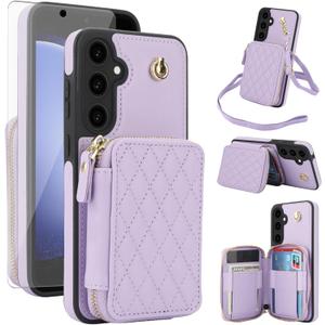 Phone Case for Samsung Galaxy S23 FE 5G Wallet Cell Cover with Tempered Glass Screen Protector Wrist Crossbody Strap Stand Lanyard RFID Blocking Credit Card Holder S 23 EF S23FE 23S Women Girls Purple
