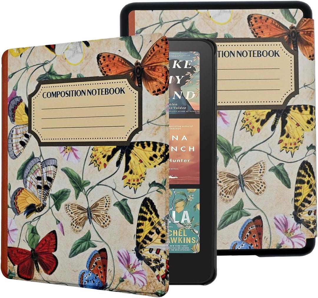 Case for All-New Kindle Paperwhite 12th Gen, 2024 and Kindle Colorsoft Signature Edition, PU Leather Protective Cover with Auto Sleep Wake Hand Strap, Composition Notebook Butterfly