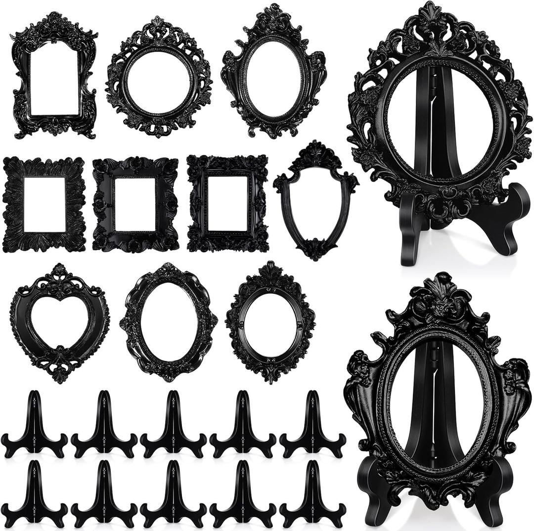 Remerry 10 Pcs Vintage Picture Frame Antique Mini Frame Small Photo Display Miniature Tiny Resin Jewelry Display 4 Inch Black Plastic Stand for Home Wedding (Black)