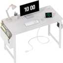 Lufeiya White Computer Desk with Power Outlet, 40 inch Simple Teen Study Table Home Office Work Writing Desks with Charging Station Outlets USB Port Built in, Storage PocketWhite
