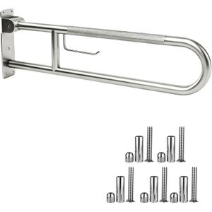 30.3 Inch Toilet Grab Bar, HUAS Brushed Nickel Anti Slip Bathroom Toilet Safety Rails, U Shaped Flip-Up Handicap Grab Bars w/Paper Holder, Stainless Steel Support Handrail for Elderly Disabled Senior