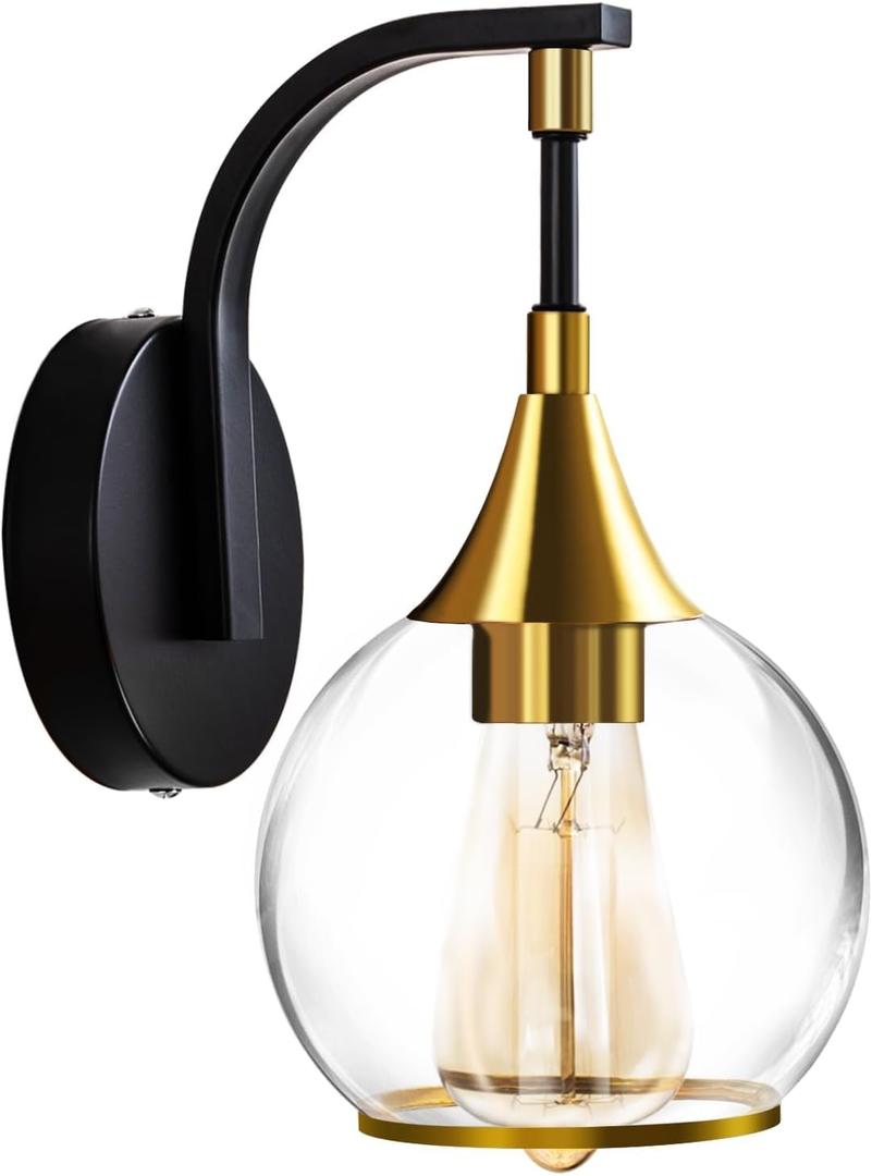 1-Light Wall Sconce Light, Black and Gold Bathroom Vanity Lights Modern Wall Light Fixture with Clear Glass Shade, Wall Lamp for Bathroom Living Room Hallway Bedroom